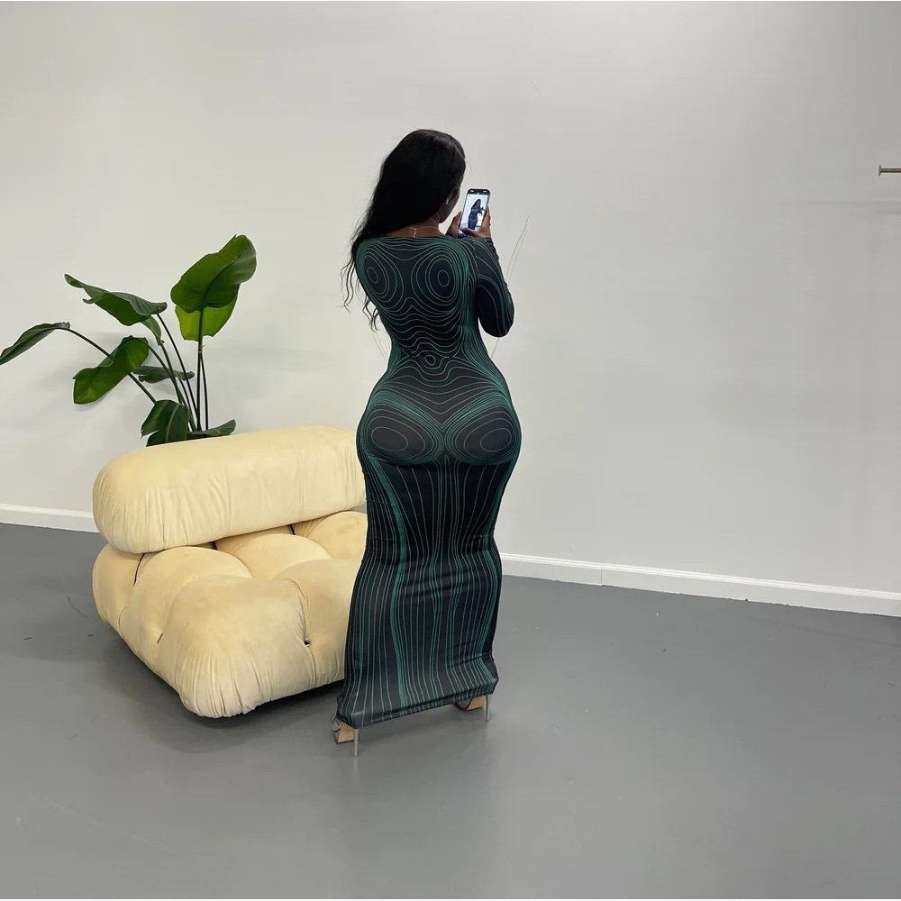 Green Body Swirl Map Print Dress, Medium - Picture 2 of 6